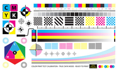 Set illustration of CMYK Print Test Calibration Chart for CTP Printing.