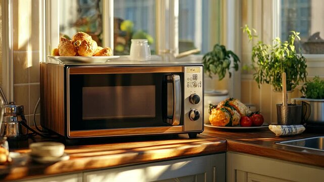 A microwave sits on a kitchen counter with a few rolls of bread in the background, and some tomatoes and a loaf of bread in the foreground