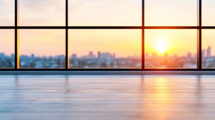 Naklejka premium Sunrise Cityscape View from Window with Wooden Floor