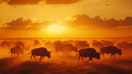 Fototapeta premium A herd of buffalo crossing a dusty plain at sunset, their silhouettes outlined against the orange sky.