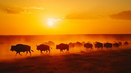 Fototapeta premium A herd of buffalo crossing a dusty plain at sunset, their silhouettes outlined against the orange sky.