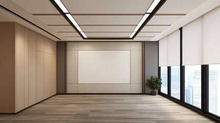 Fototapeta premium Modern Office Interior Design With Large Blank Wall And City View