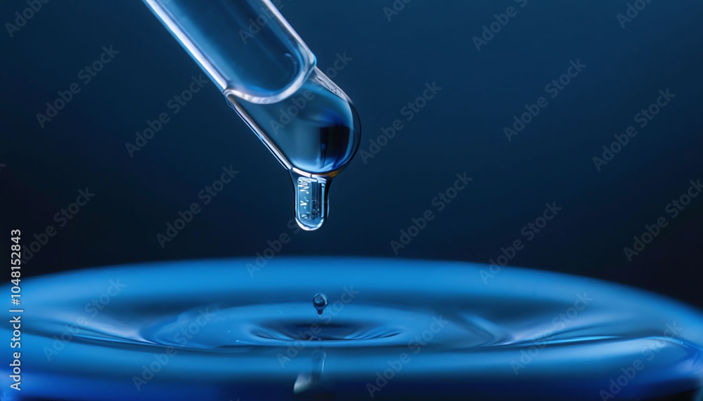 Poster a drop of liquid that falls from the pipette into the water. the drop is on the verge of falling, an