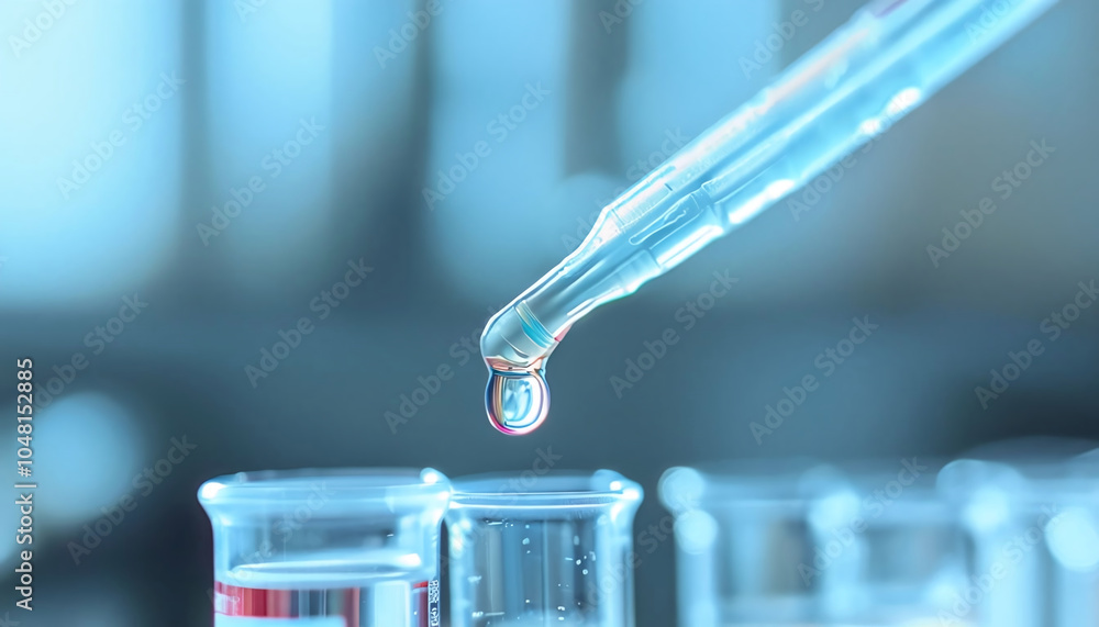 Poster a pipette from which a drop of liquid drips into a glass laboratory tube. the background of the imag