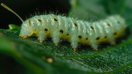 Naklejka premium Close-Up of Caterpillar Munching on Leaf