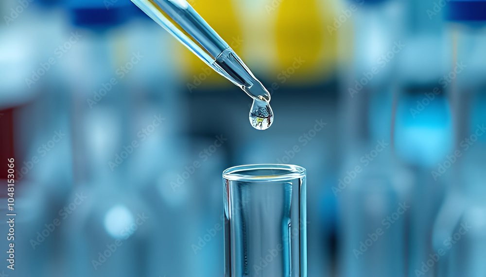 Poster a pipette from which a drop of liquid drips into a glass laboratory tube. the background of the imag