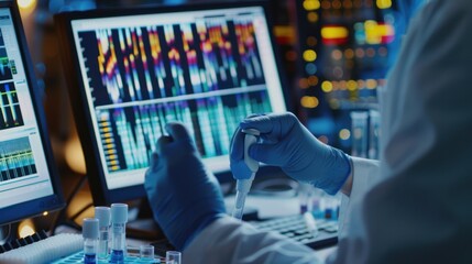 Scientist in a Lab Using a Pipette and Analyzing Data on a Computer Screen