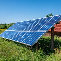 Solar panels installed in a green field under a clear blue sky.