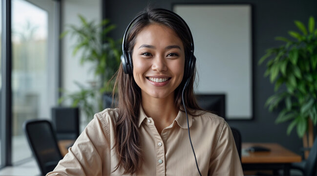 Customer Support Excellence: Smiling Call Center Agent Working