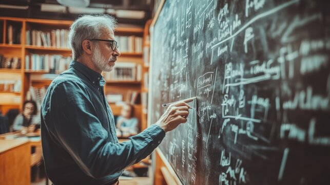 Professor writing complex mathematical equations on a blackboard in a classroom