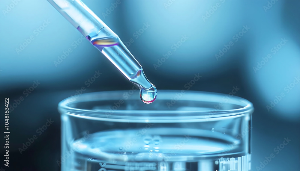 Poster a pipette from which a drop of liquid drips into a glass laboratory tube. the background of the imag