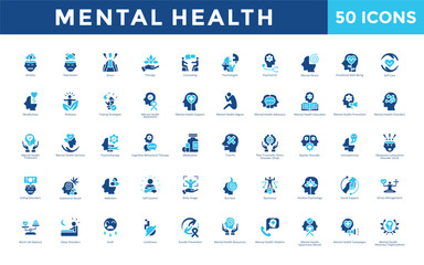 Mental Health icon set with anxiety, depression, stress, therapy, counseling, psychologist, psychiatrist, mental illness, emotional well-being icon. Simple flat vector 
