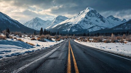 Desolate Icy Road Leading to Majestic Snow-Capped Peaks V6
