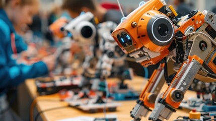 Orange and Grey Robot with a White Robot in the Background