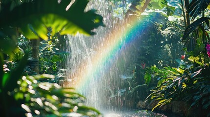 Vibrant Rainbow Over Flowing Waterfall in Tropical Jungle