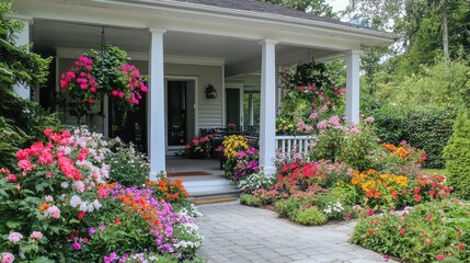Obraz premium Charming suburban home with white veranda and flowers.