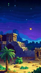 Fototapeta premium Desert landscape with palm trees and ruins at night pixel art background. 8-bit game assets
