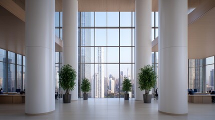 Fototapeta premium Modern Office Interior with City View and Large Windows