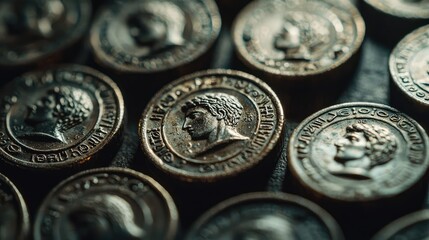 Close-Up of Ancient Coins with Intricate Details