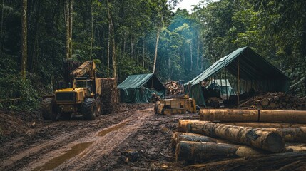 Fototapeta premium A logging camp deep in the forest, with tents, heavy machinery, and piles of freshly cut logs, showing human presence in the deforestation process.