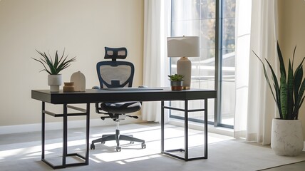 a minimalist home office with a black desk, an ergonomic chair, and a large window that lets in natural light.