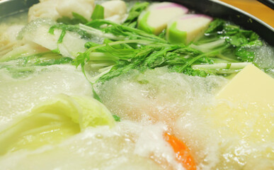Mizore Nabe, a traditional Japanese home-style nabe dish consisting of grated radish, carrots and...