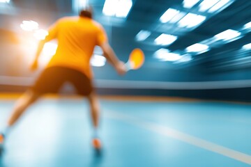 Blurred motion of active pickleball player in yellow