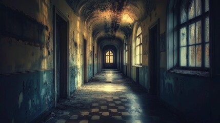 Fototapeta premium A long, empty hallway in an old building, lit only by the dim light coming through the windows, evoking a sense of abandonment and sadness.
