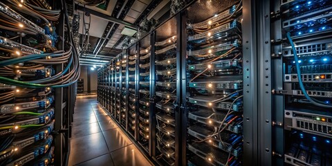 Fototapeta premium Aerial View of a High-Tech IT Server Room with Networking Equipment and Servers for Modern Data Management
