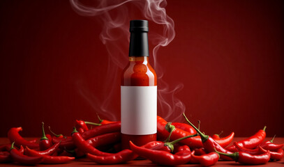 A bottle of spicy hot sauce with a blank mockup label, artistically positioned amidst vibrant red chili peppers. Wisps of smoke curl around the bottle