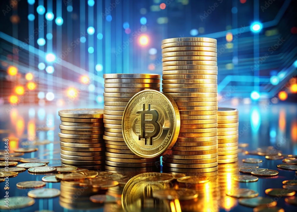 Poster aerial view of bitcoin stack surrounded by digital currencies and technology elements for cryptocurr