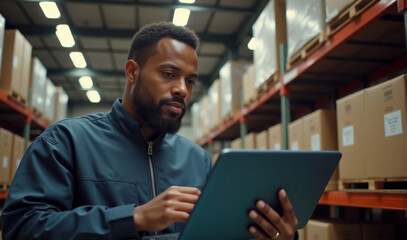 Fototapeta premium Close up of Warehouse worker using laptop checking inventory in distribution center