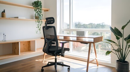 a minimalist home office with a simple desk, ergonomic chair, and a large window offering natural light.