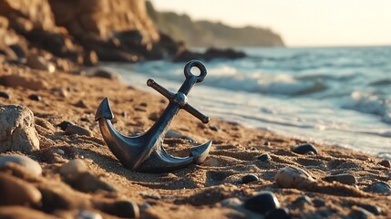 A silver anchor sits on a sandy beach with rocks and waves in the background.