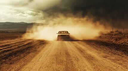 Dusty Car Racing Down Dirt Road