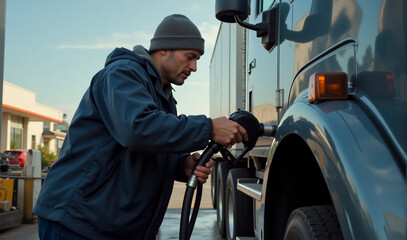 Fototapeta premium A man truck driver filling the fuel tank of a large truck at a fueling station. The scene captures the driver in a work uniform