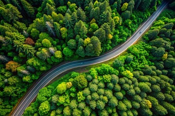 Aerial View of Lush Green Forest Overlooking Pine Trees and Asphalt Road - Serene Nature Landscape Wallpaper