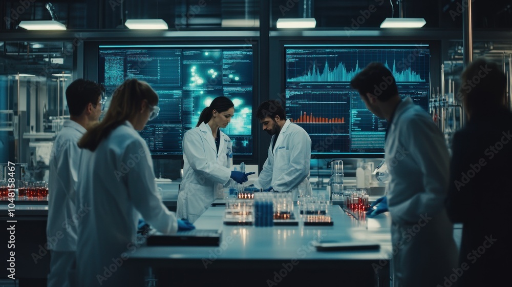 Poster Scientists in Lab Coats Analyzing Data and Samples