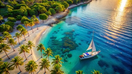 Obraz premium Aerial View of Sailboat and Sandy Beach at Sunset in Greece - Tropical Paradise Scenery