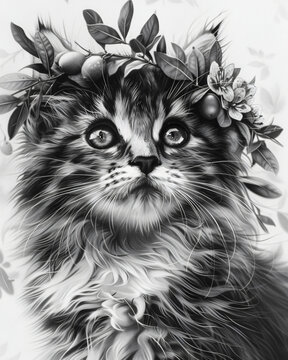 Black white art portrait cat laurel crown, dramatic lighting hyper-realistic style feline photography, artistic monochrome concept, cat lover gift, classic,fine,style,olive,king,fluffy,kittem,eyes