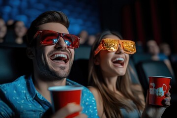 Cheerful mature couple laughing and having fun while watching a movie in cinema