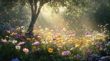 Obraz premium Peaceful Wildflower Patch at Dusk with Soft Light