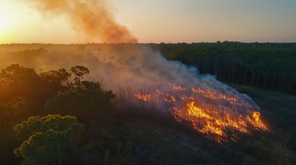 Fototapeta premium Controlled Burn in Agricultural Landscape at Sunset
