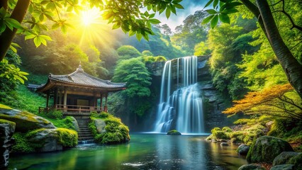 Obraz premium Ancient Temple Surrounded by Lush Foliage and Cascading Waterfall - Nature's Hidden Gem