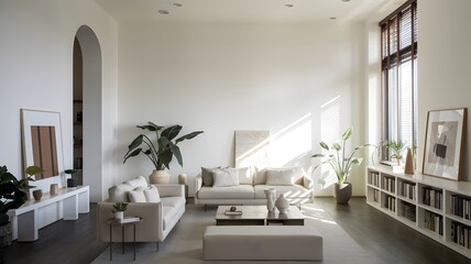 a minimalist living room with neutral tones.