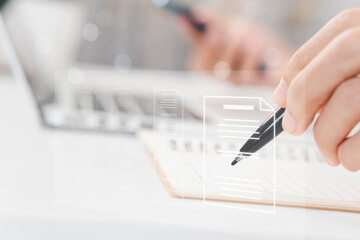 Document management concept, check electronic documents on digital documents on virtual screen...