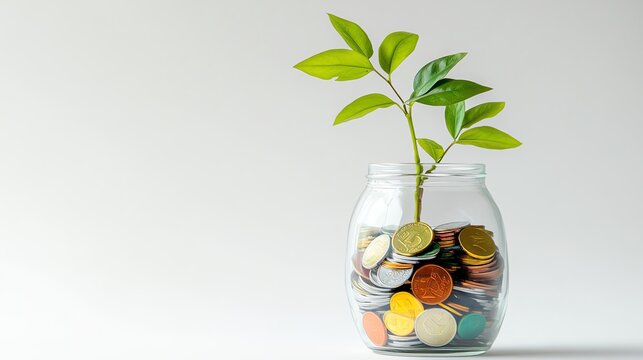 A whimsical view of a plant sprouting from a transparent jar filled with colorful coins. The contrast of the green leaves against the shiny coins symbolizes financial flourishing
