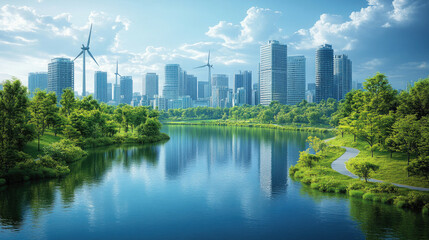 Coastal urban buildings and wind turbines