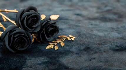 Black roses entwined with gold vines, set against a dark velvet backdrop, symbolizing elegant Valentine romance