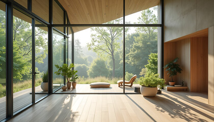 Fototapeta premium Contemporary glass room with wooden accents and lush green views